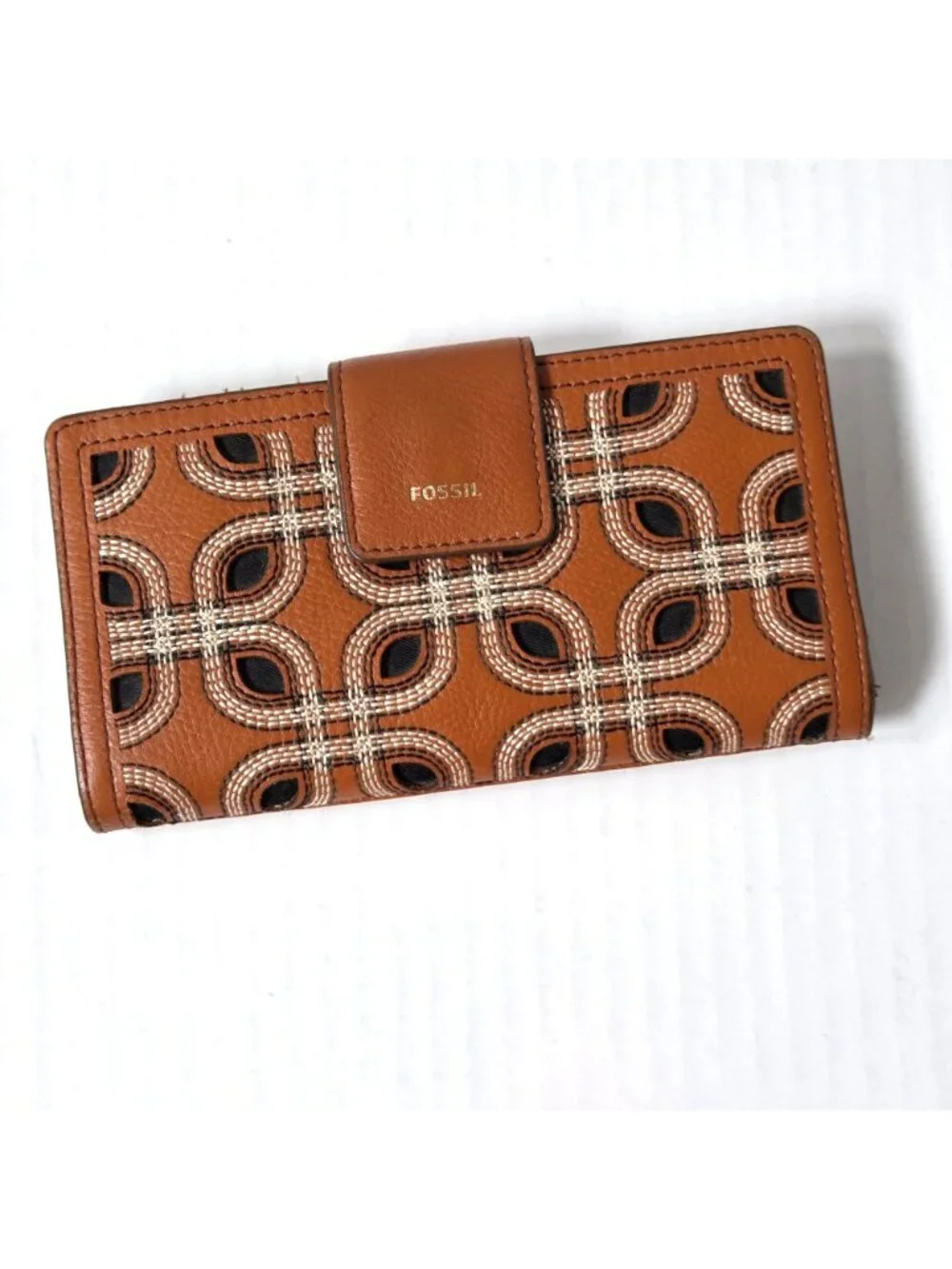 Fossil Womens Wallet Brown Leather Bifold Geometric Contrast Stitching Boho
